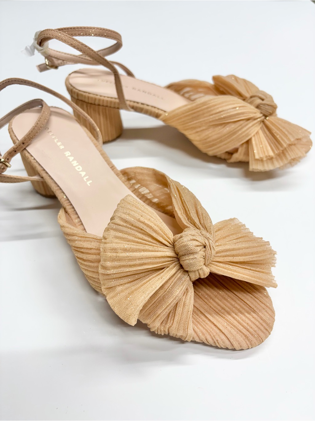 New Loeffler Randall 7.5 Dahlia Nude Glitter Pleated Bow Heel Ankle Strap Block